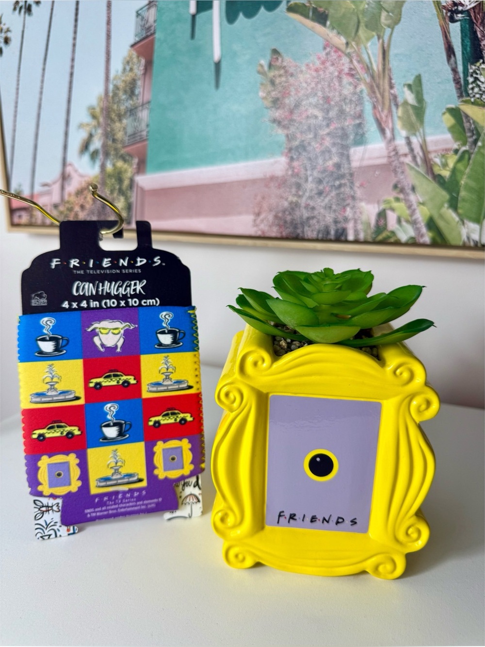 Friends TV Show Yellow Peephole Frame Ceramic Mini Planter and Can Hugger Set